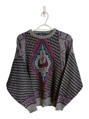 Vintage 80s 90s Bric's Purple & Gray Geometric Crewneck Sweater Med Grandmacore